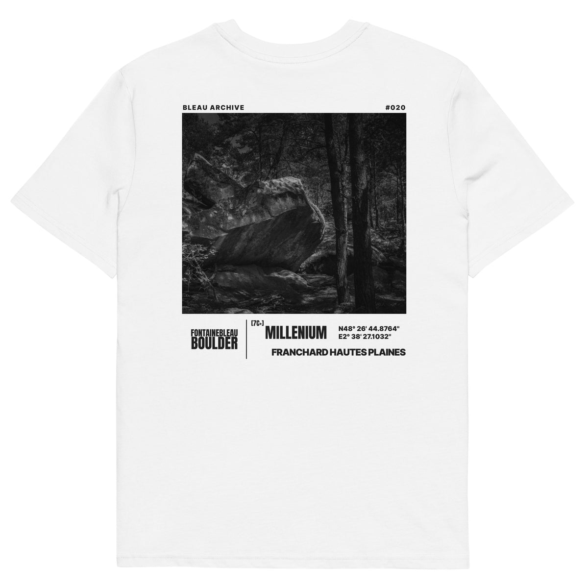 Bleau Archive 20 Millenium 7C tee featuring the iconic Fontainebleau boulder climb