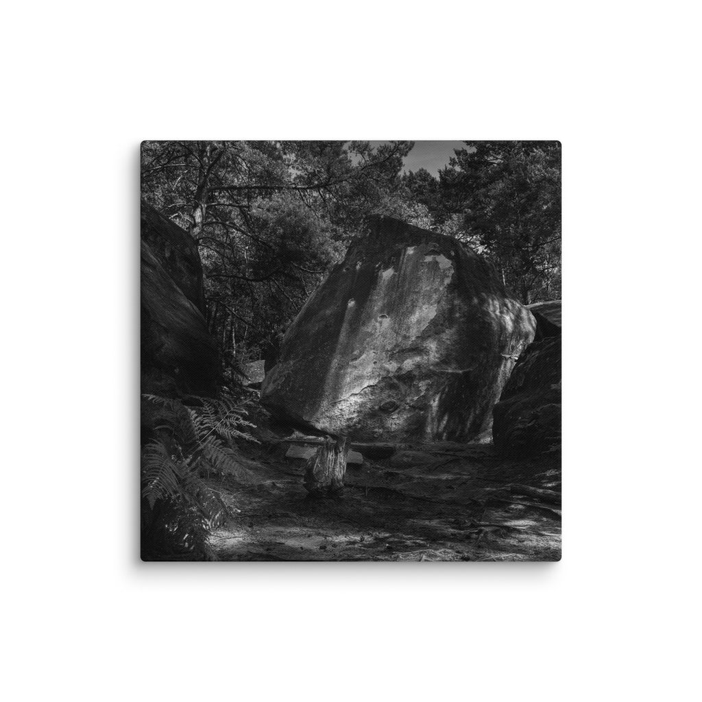Bleau Archive 21 Caresse 7A canvas featuring the iconic Fontainebleau boulder climb