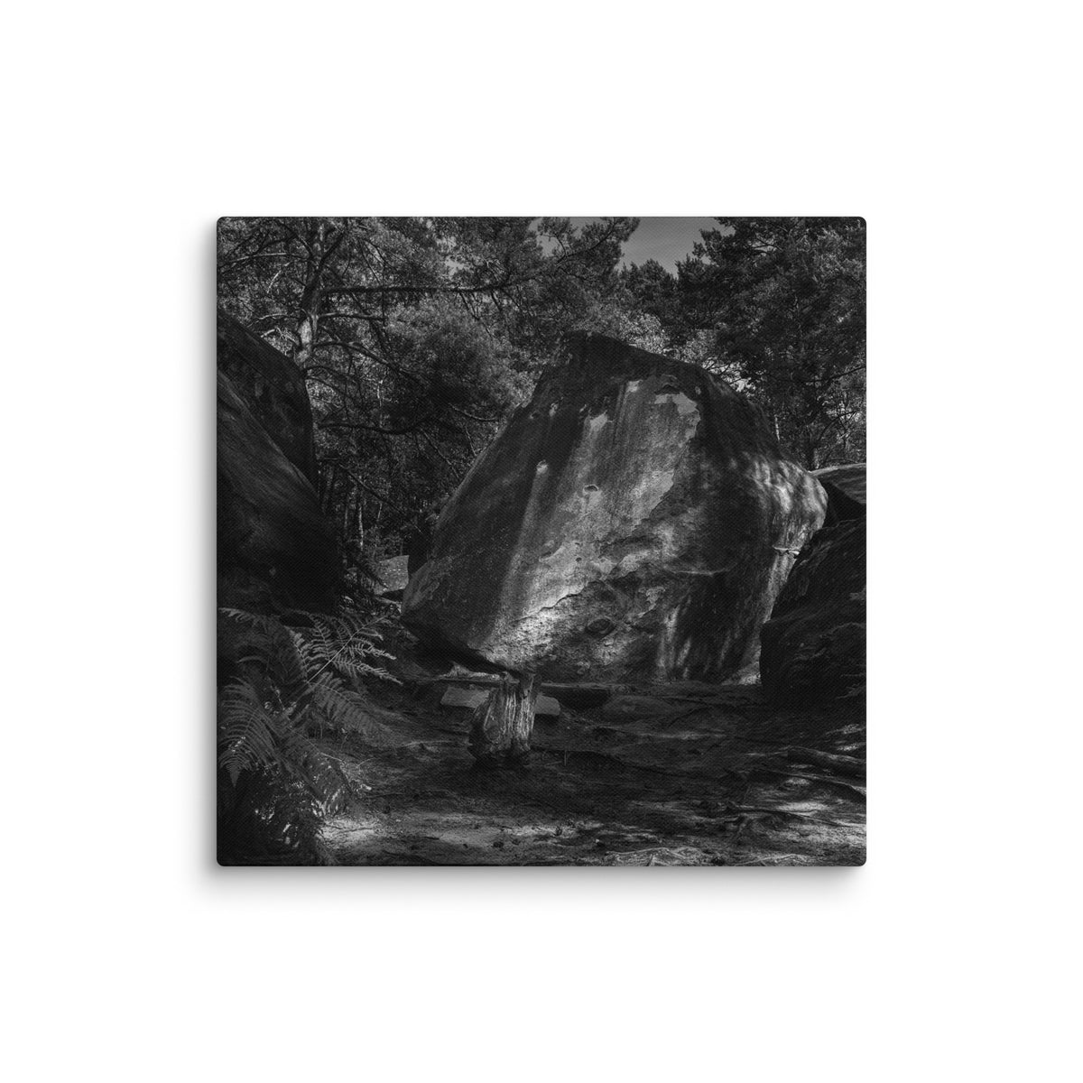 Bleau Archive 21 Caresse 7A canvas featuring the iconic Fontainebleau boulder climb