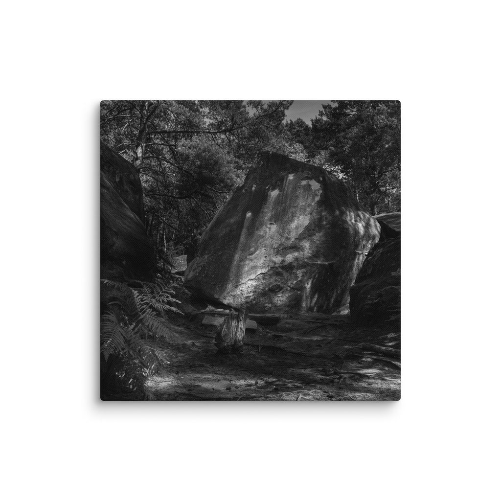 Bleau Archive 21 Caresse 7A canvas featuring the iconic Fontainebleau boulder climb