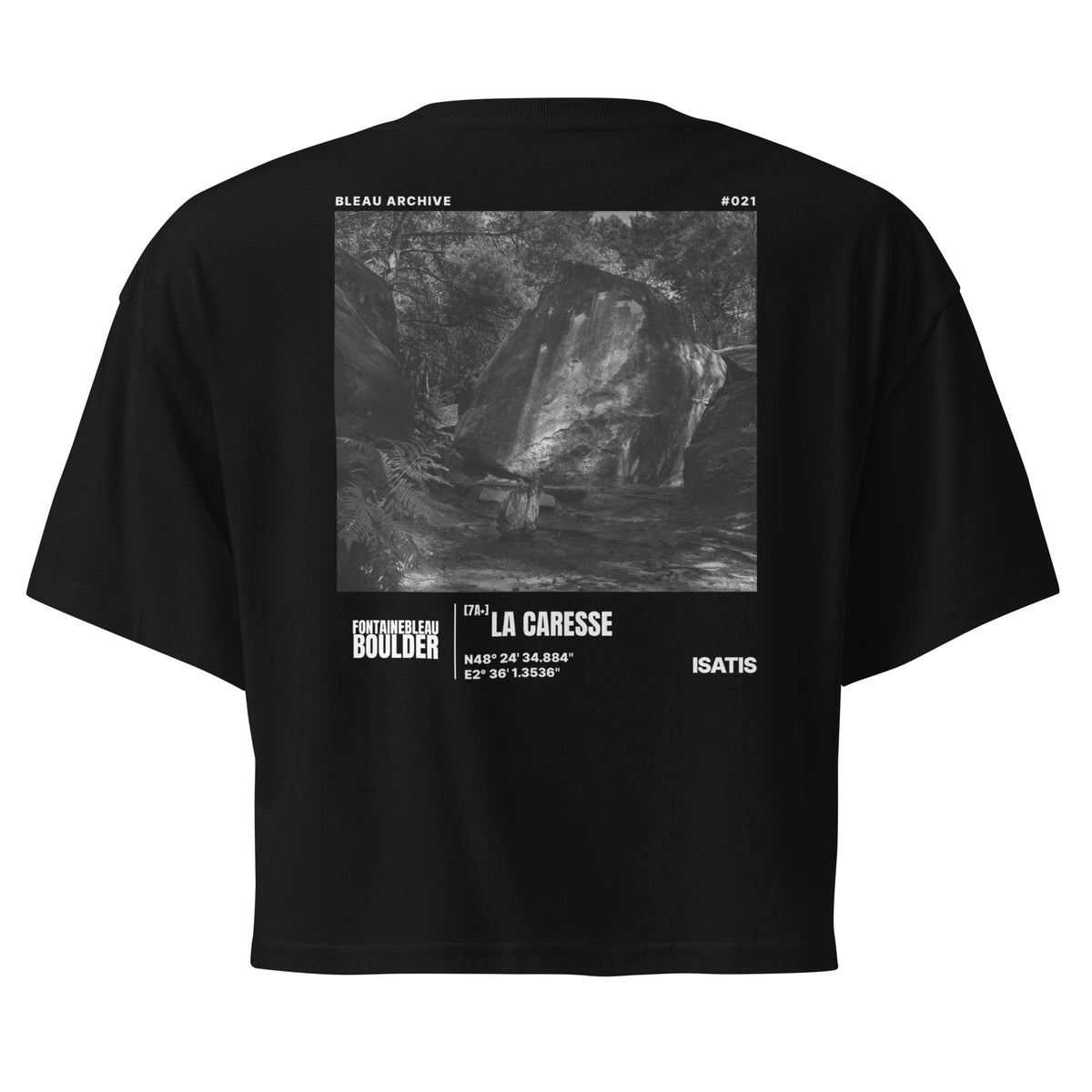 Bleau Archive 21 Caresse 7A crop top featuring the iconic Fontainebleau boulder climb