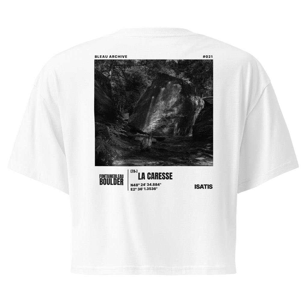 Bleau Archive 21 Caresse 7A crop top featuring the iconic Fontainebleau boulder climb