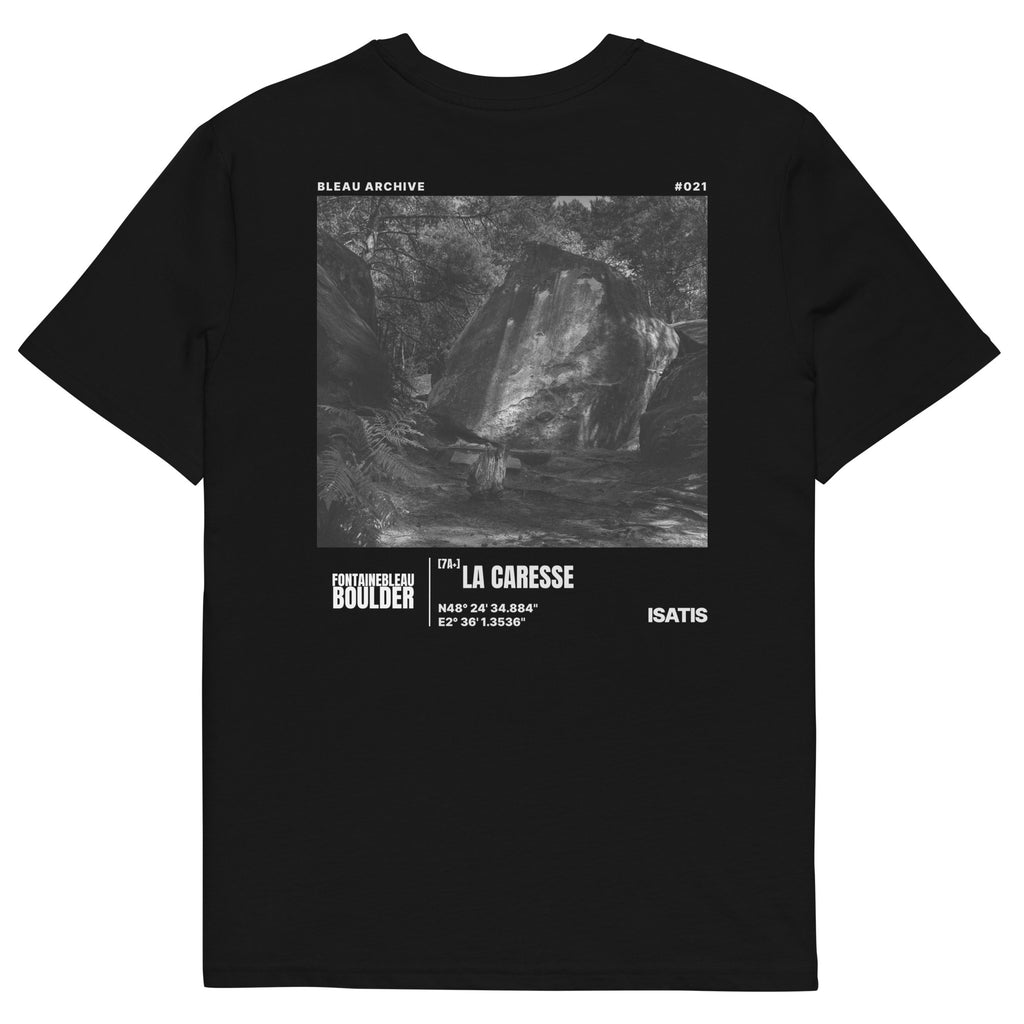 Bleau Archive 21 Caresse 7A tee featuring the iconic Fontainebleau boulder climb