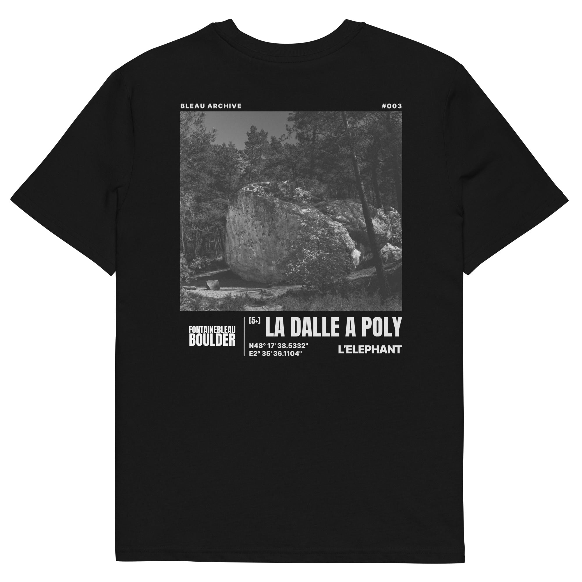 Bleau Archive 3 La Dalle à Poly 5+ tee featuring the iconic Fontainebleau boulder climb