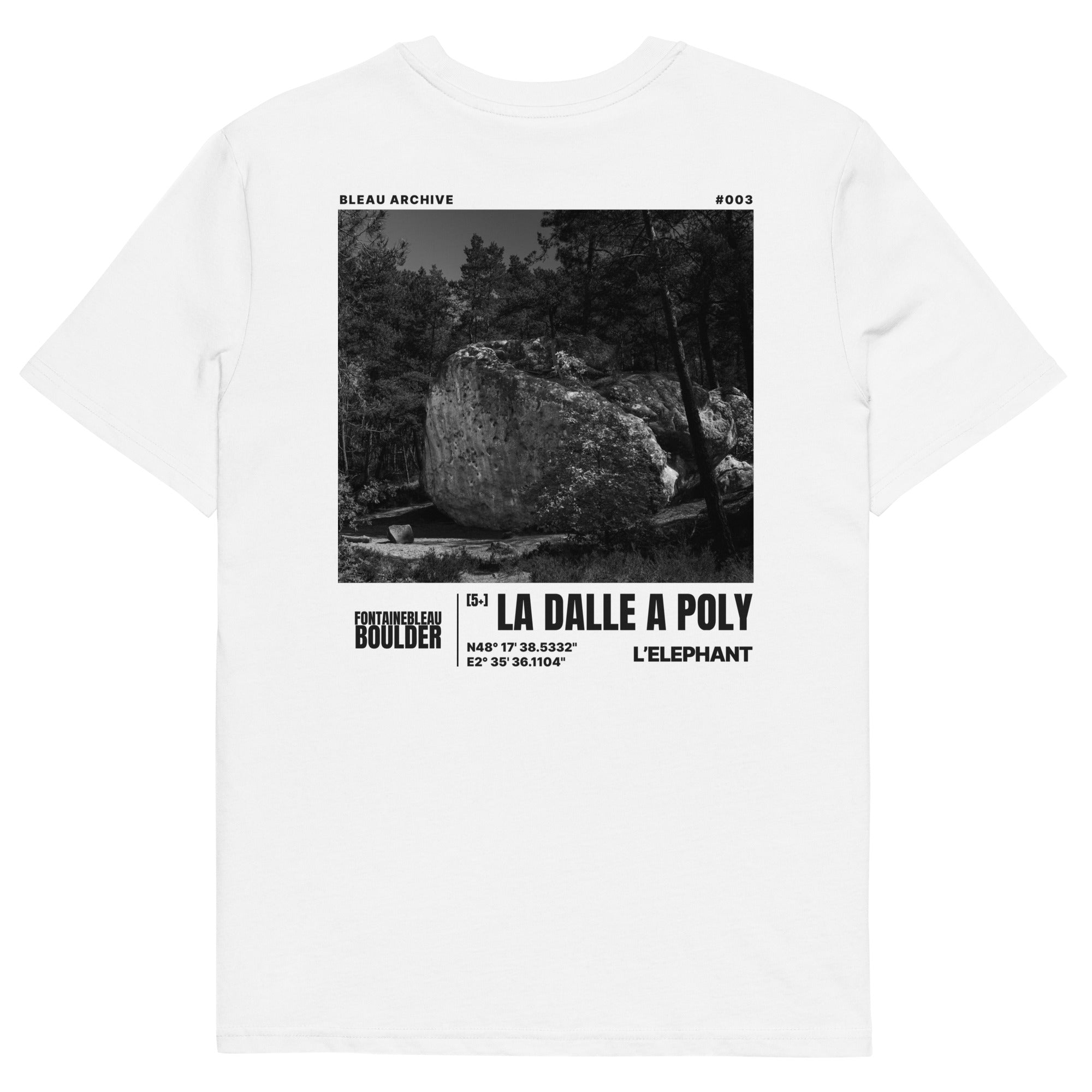 Bleau Archive 3 La Dalle à Poly 5+ tee featuring the iconic Fontainebleau boulder climb