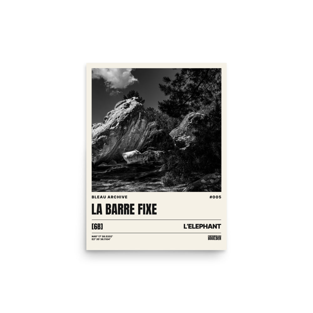 Bleau Archive 5 La Barre Fixe 6B poster featuring the iconic Fontainebleau boulder climb
