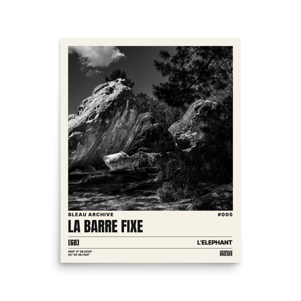 Bleau Archive 5 La Barre Fixe 6B poster featuring the iconic Fontainebleau boulder climb