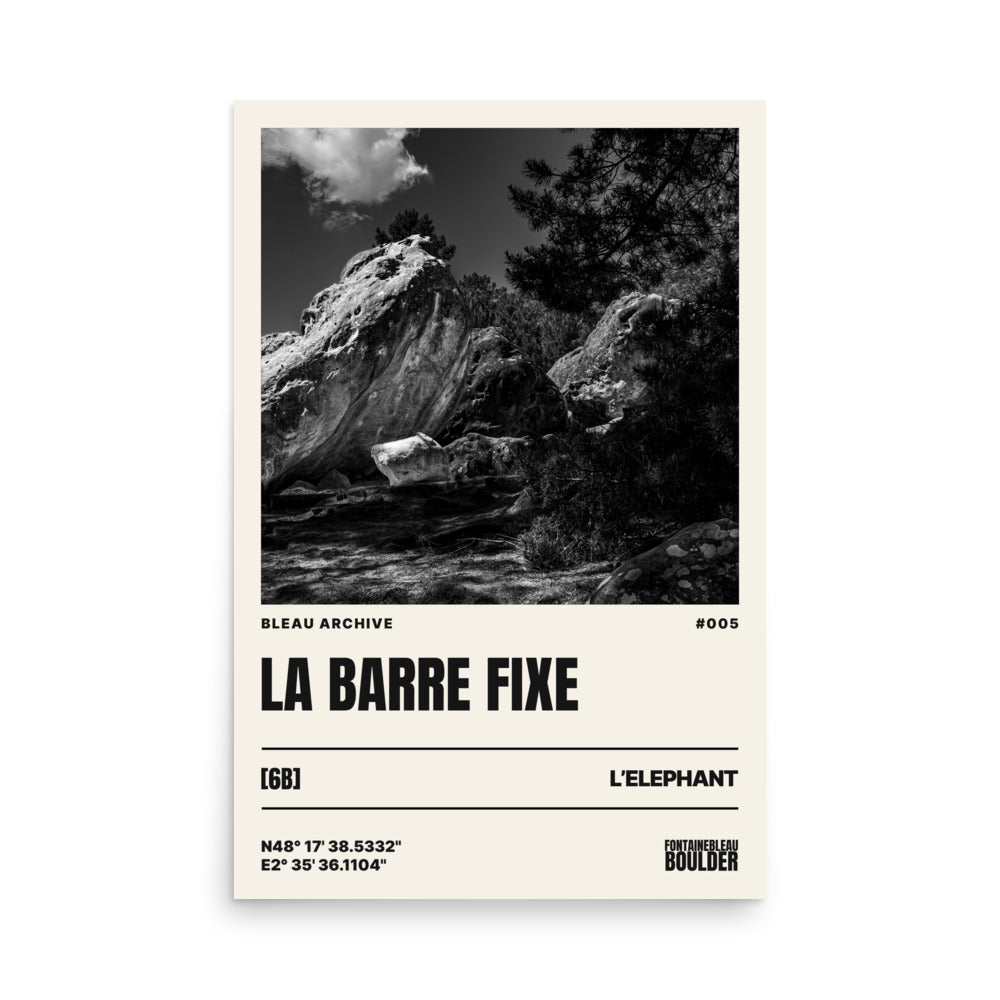 Bleau Archive 5 La Barre Fixe 6B poster featuring the iconic Fontainebleau boulder climb