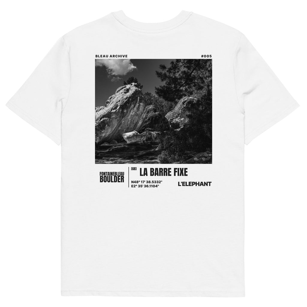 Bleau Archive 5 La Barre Fixe 6B tee featuring the iconic Fontainebleau boulder climb