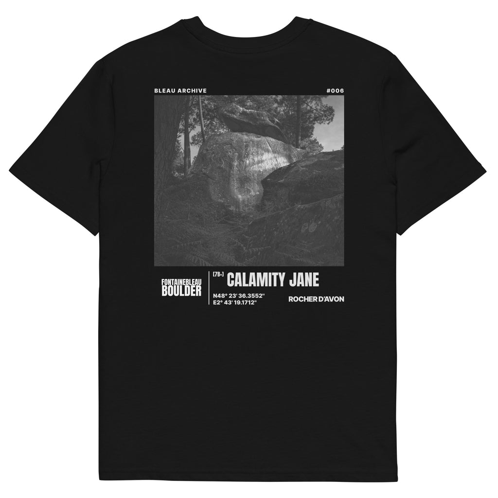 Bleau Archive 6 Calamity Jane 7B+ tee featuring the iconic Fontainebleau boulder climb