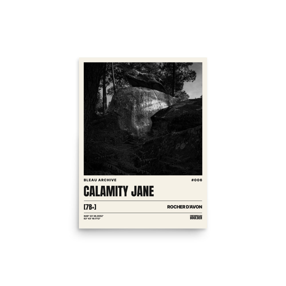 Bleau Archive 6 Calamity Jane 7B+ poster featuring the iconic Fontainebleau boulder climb