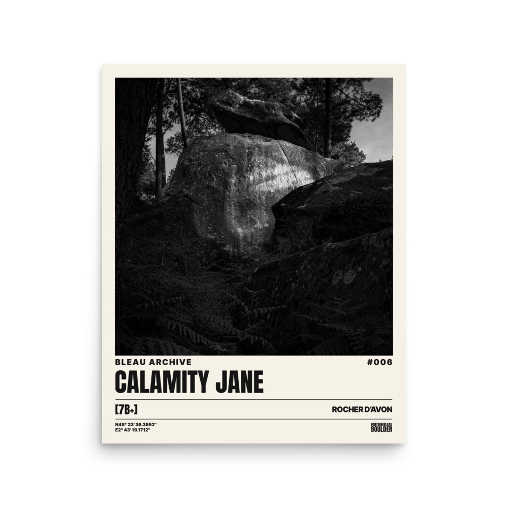Bleau Archive 6 Calamity Jane 7B+ poster featuring the iconic Fontainebleau boulder climb