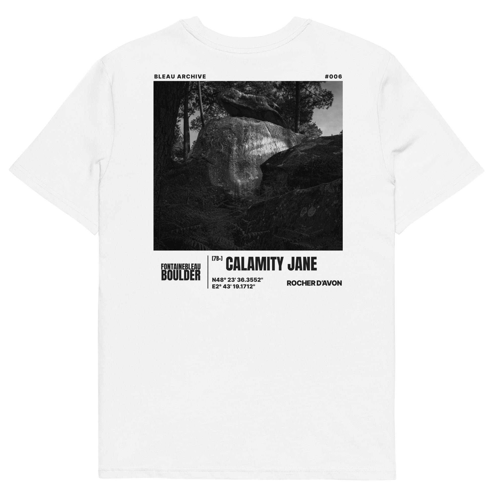 Bleau Archive 6 Calamity Jane 7B+ tee featuring the iconic Fontainebleau boulder climb