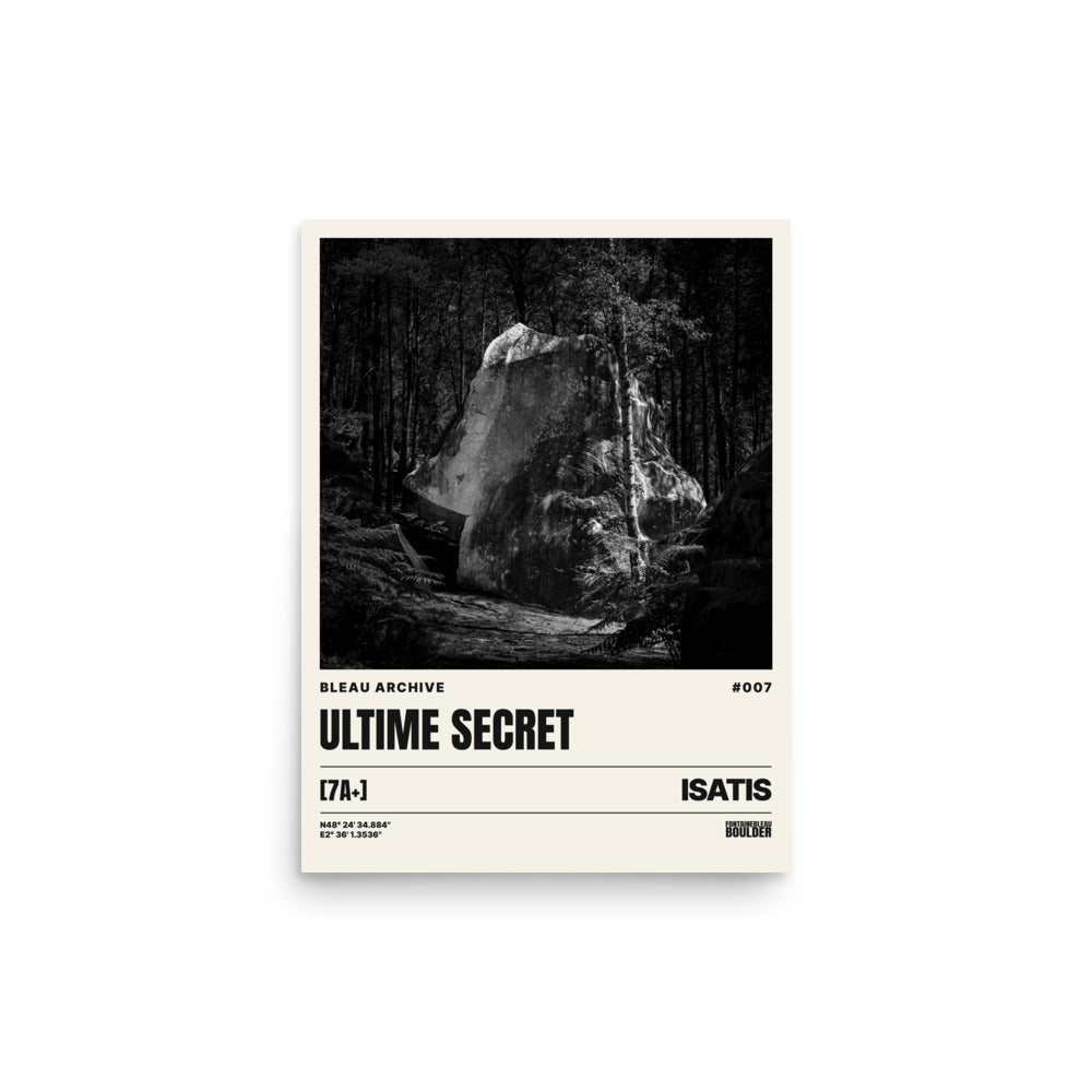 Bleau Archive 7 L'Ultime Secret 7A+ poster featuring the iconic Fontainebleau boulder climb