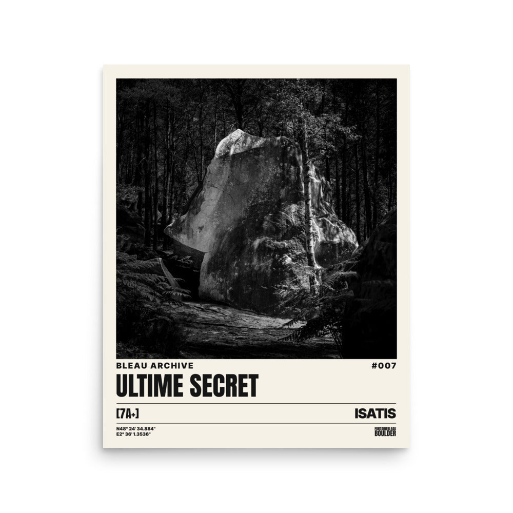 Bleau Archive 7 L'Ultime Secret 7A+ poster featuring the iconic Fontainebleau boulder climb