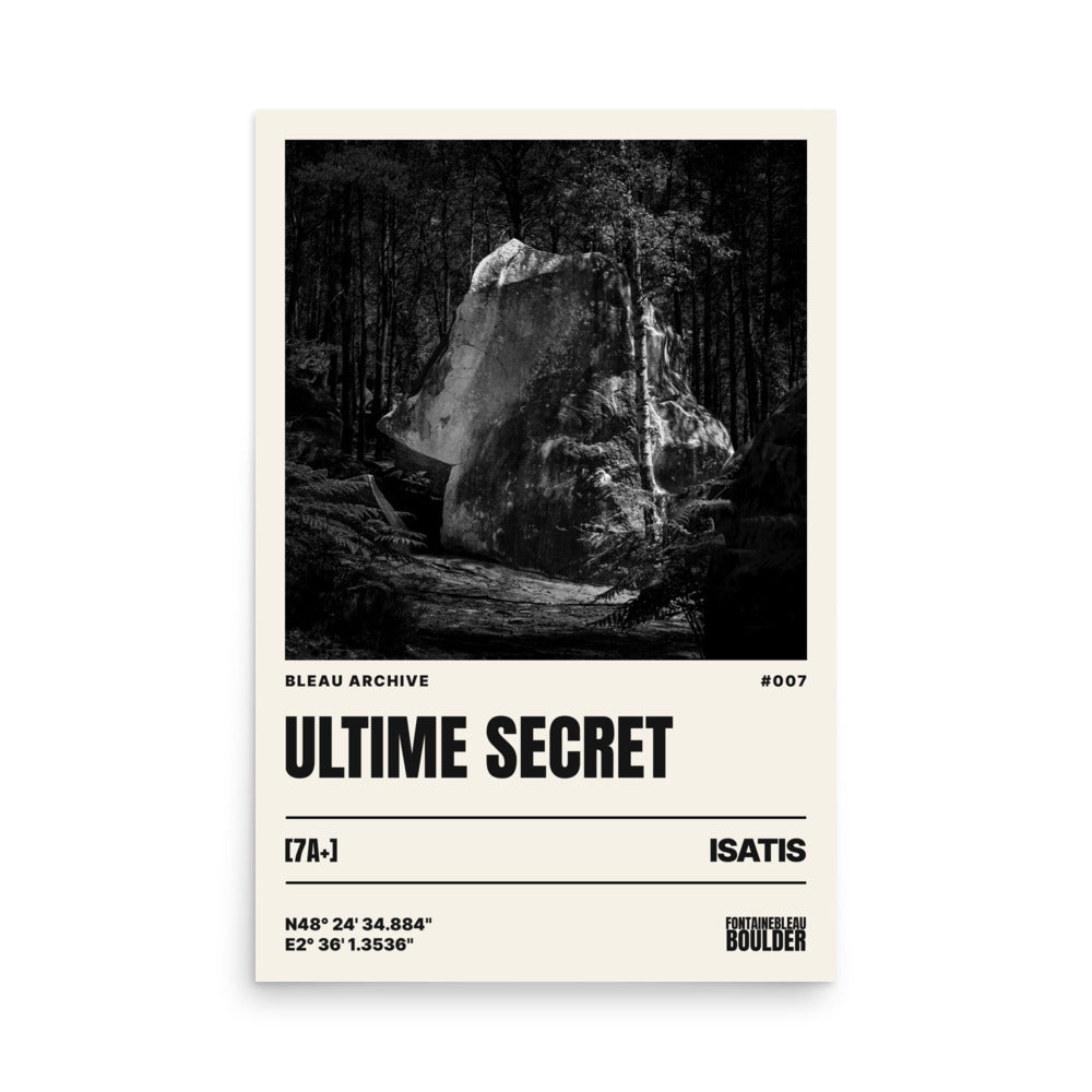 Bleau Archive 7 L'Ultime Secret 7A+ poster featuring the iconic Fontainebleau boulder climb
