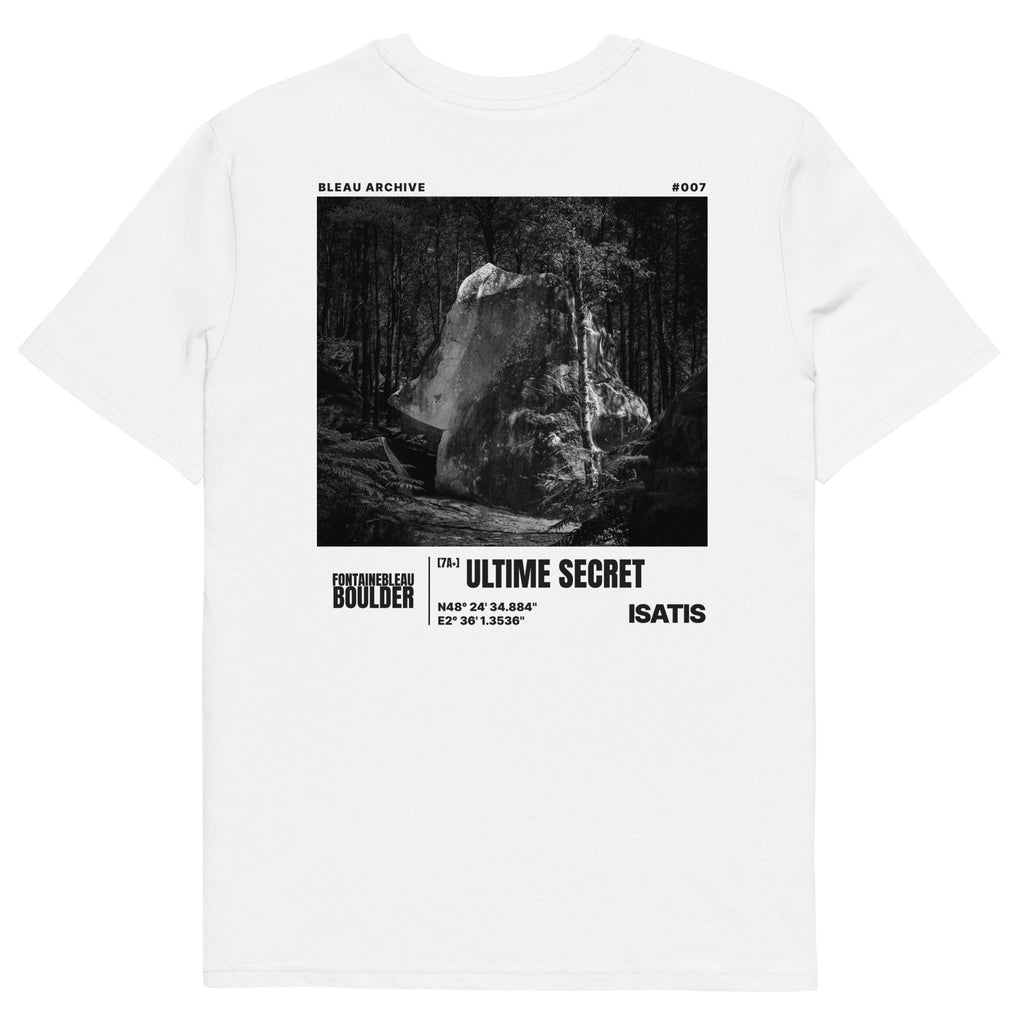 Bleau Archive 7 L'Ultime Secret 7A+ tee featuring the iconic Fontainebleau boulder climb