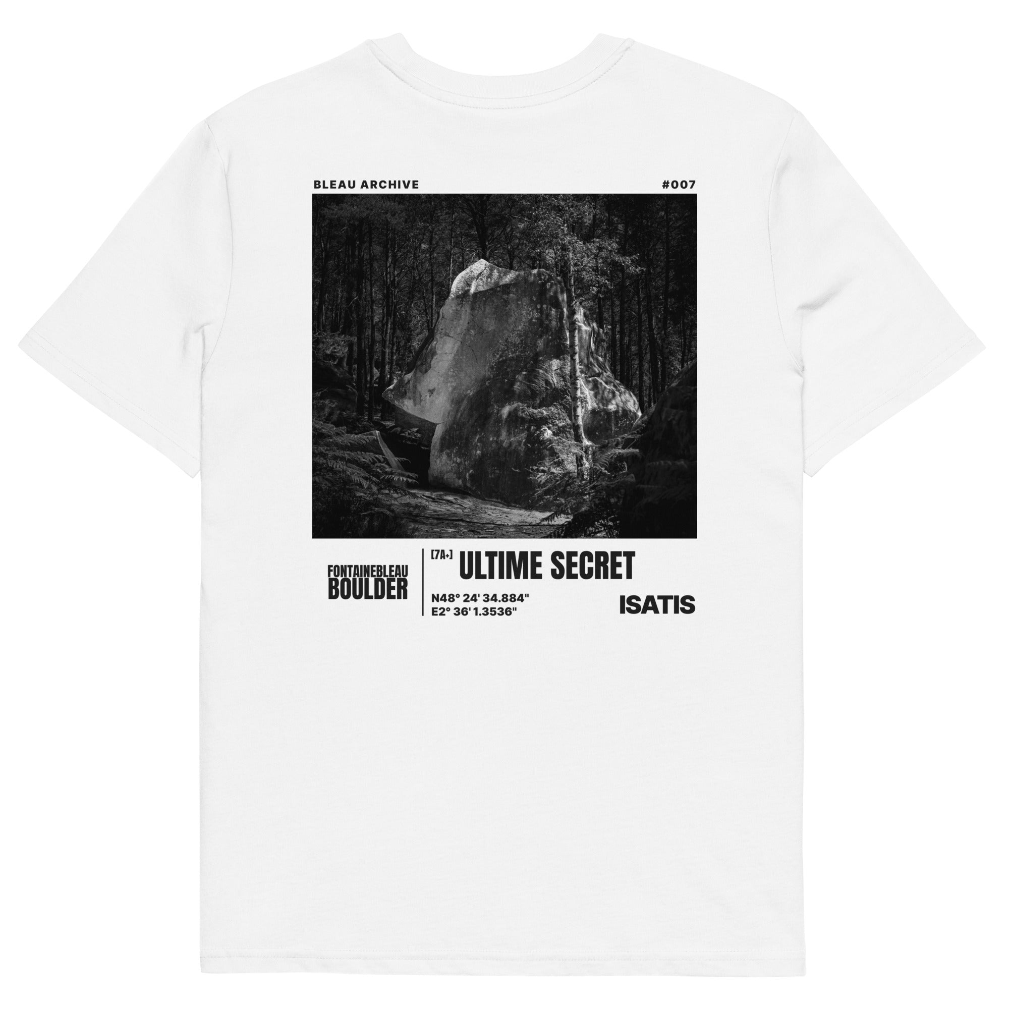 Bleau Archive 7 L'Ultime Secret 7A+ tee featuring the iconic Fontainebleau boulder climb