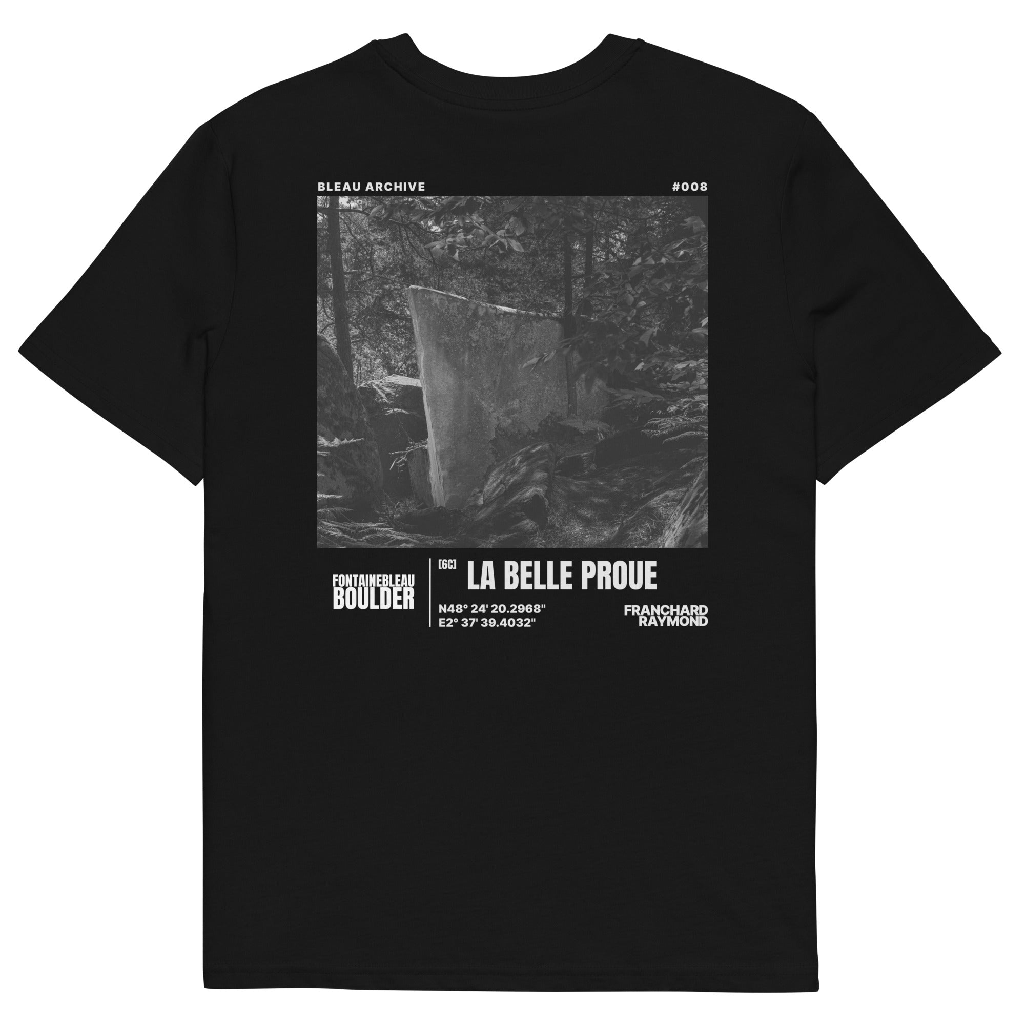 Bleau Archive 8 La Belle Proue 6C tee featuring the iconic Fontainebleau boulder climb