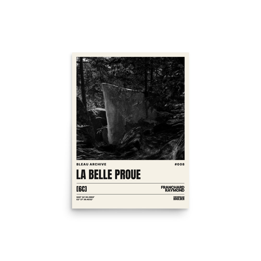 Bleau Archive 8 La Belle Proue 6C poster featuring the iconic Fontainebleau boulder climb