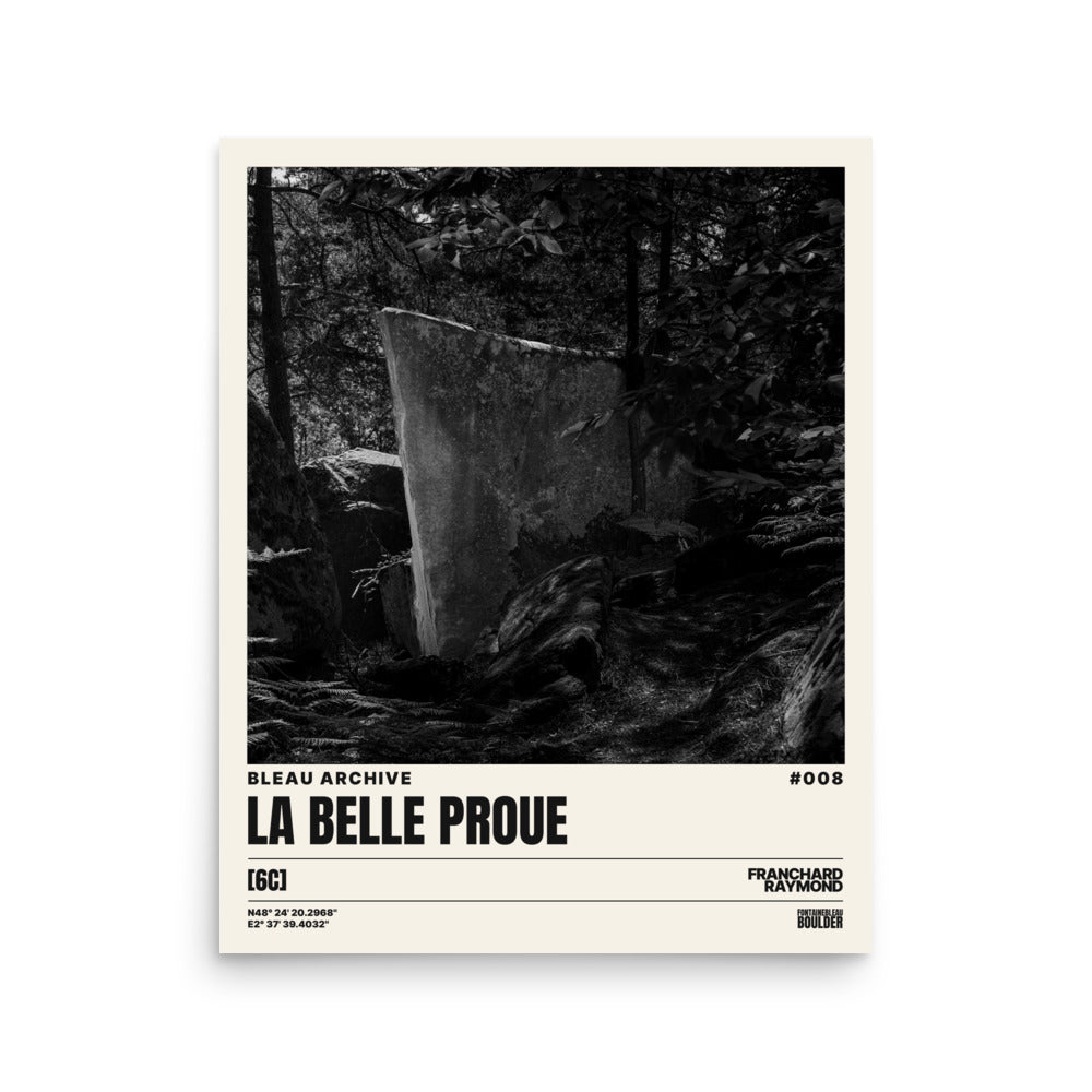 Bleau Archive 8 La Belle Proue 6C poster featuring the iconic Fontainebleau boulder climb