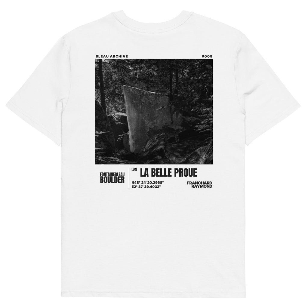 Bleau Archive 8 La Belle Proue 6C tee featuring the iconic Fontainebleau boulder climb
