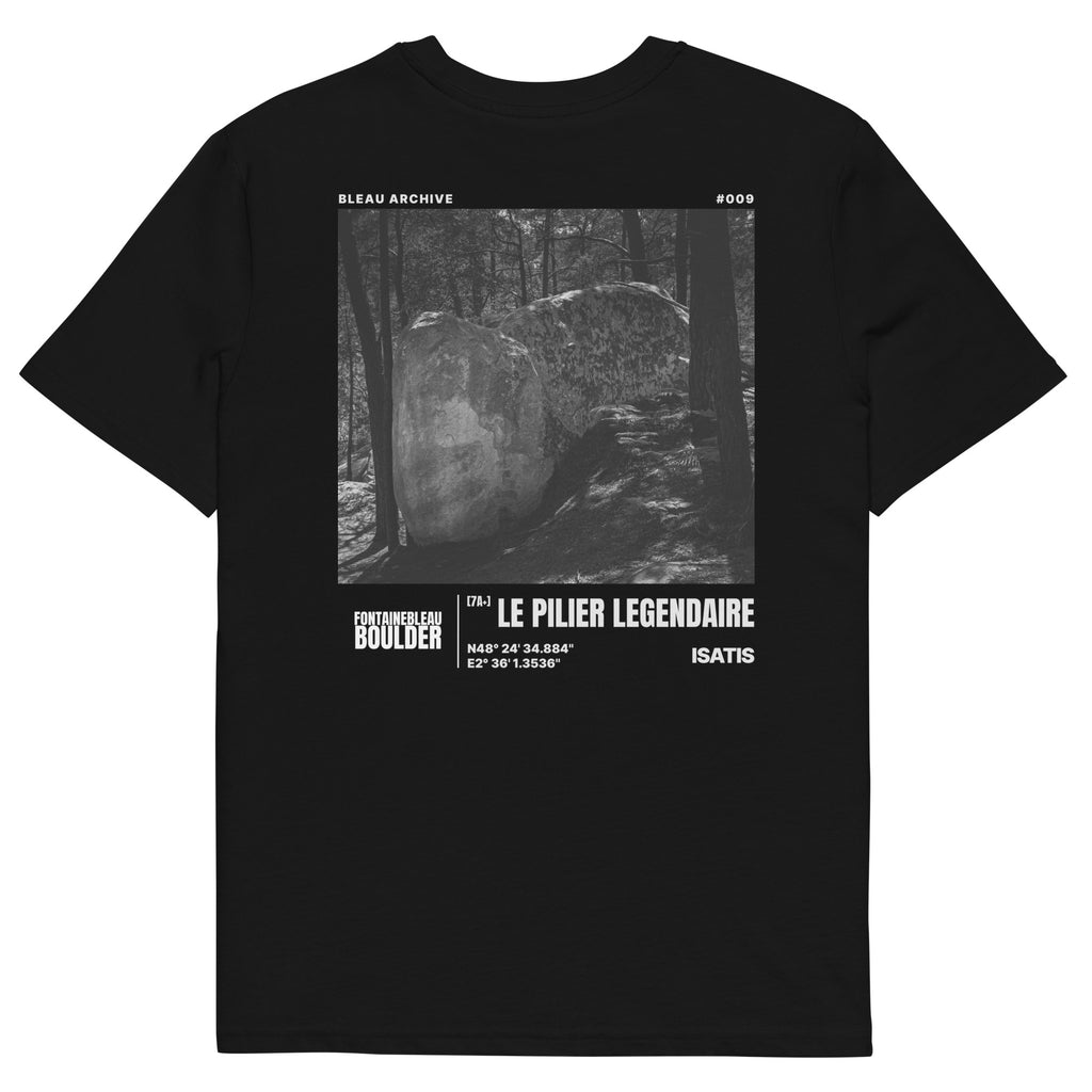 Bleau Archive 9 Le Pilier Légendaire 7A+ tee featuring the iconic Fontainebleau boulder climb
