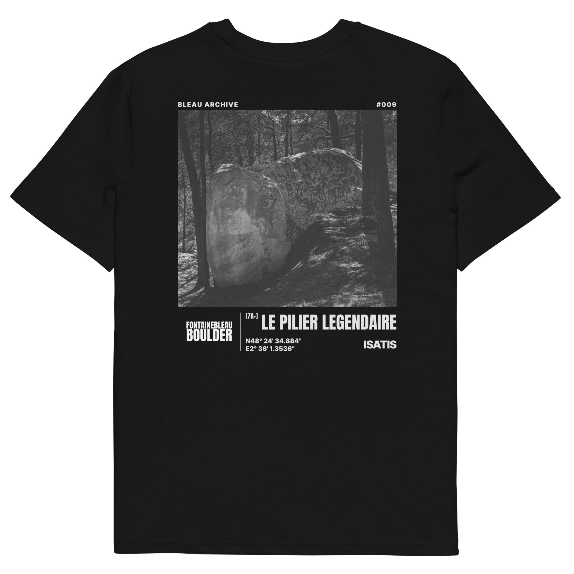 Bleau Archive 9 Le Pilier Légendaire 7A+ tee featuring the iconic Fontainebleau boulder climb