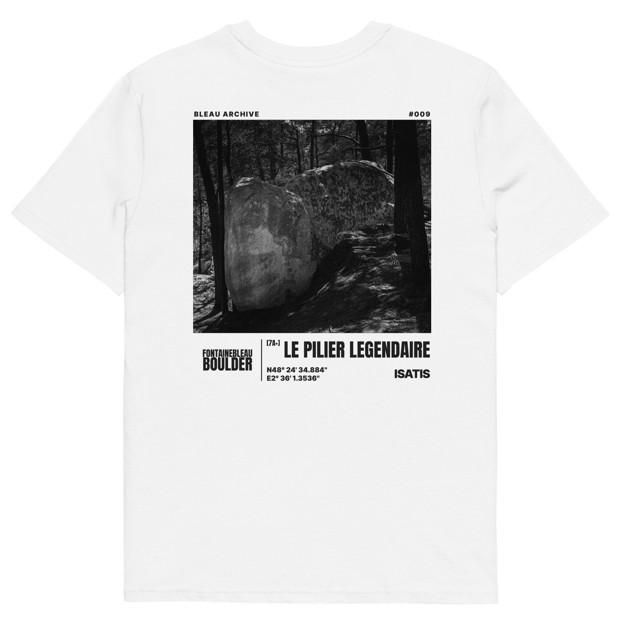 Bleau Archive 9 Le Pilier Légendaire 7A+ tee featuring the iconic Fontainebleau boulder climb