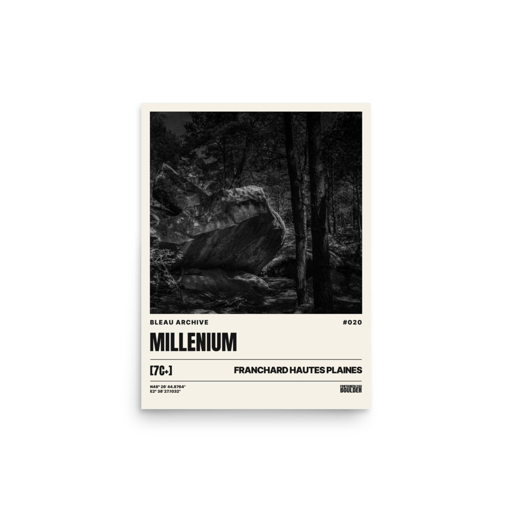 Bleau Archive 20 Millenium 7C poster featuring the iconic Fontainebleau boulder climb