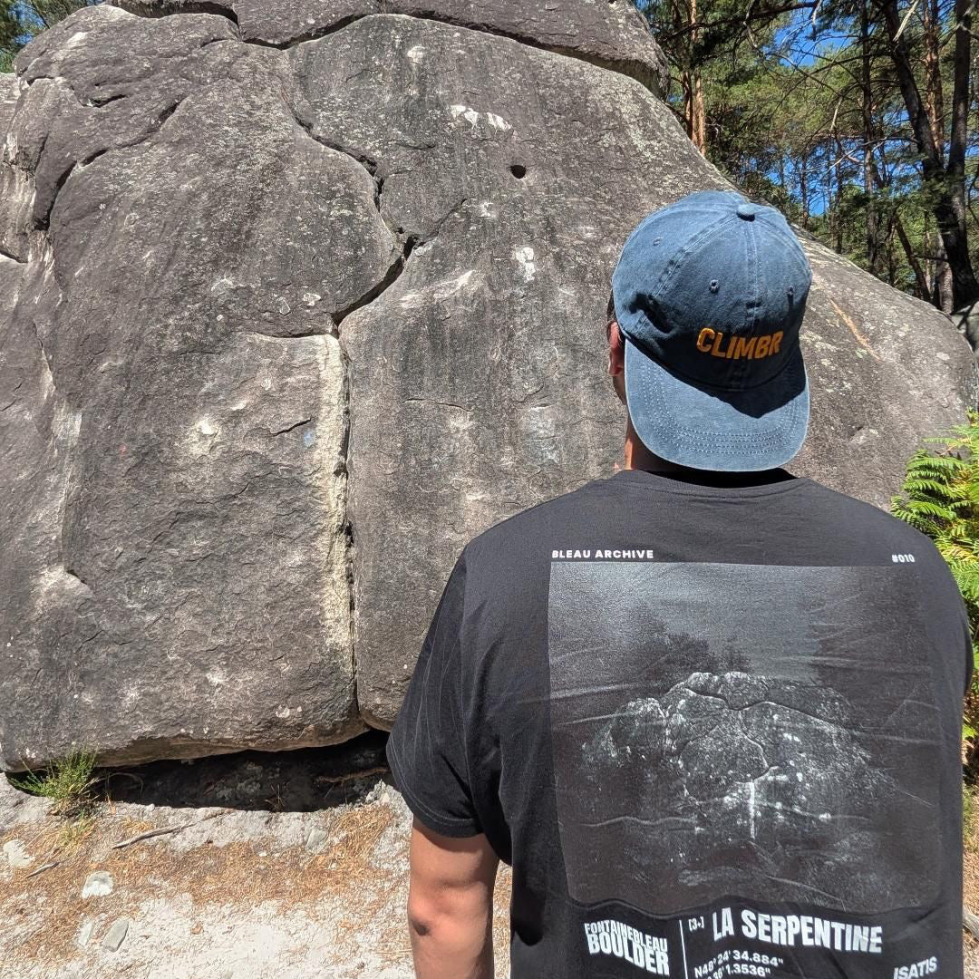 Bleau Archive 010 La Serpentine 3+ tee featuring the iconic Fontainebleau boulder climb in the forest